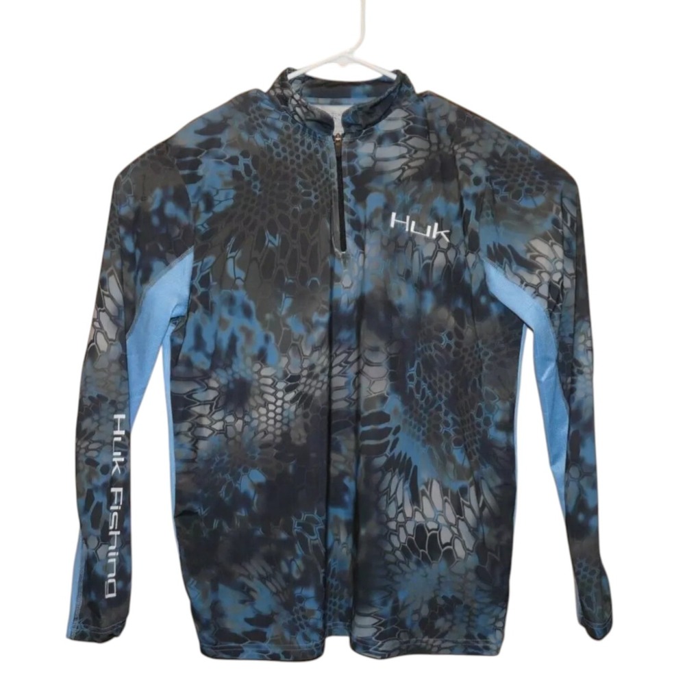 Huk Fishing Shirt Mens Medium Blue Camo Quarter Zip‎ Performance Pullover